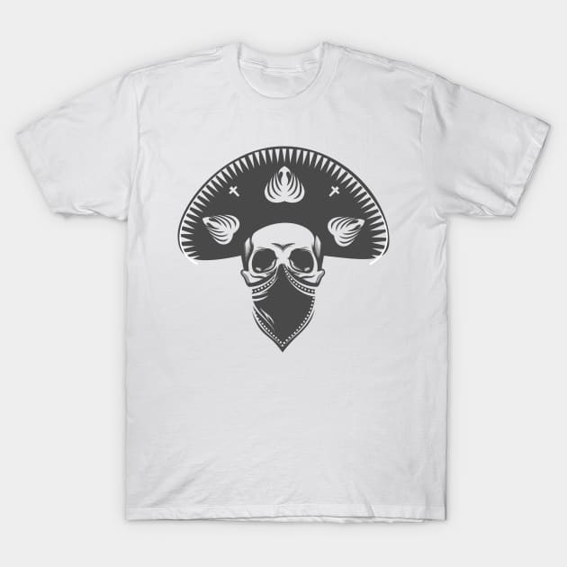 Mexican skull in sombrero. Bandit skull in hat and bandana. T-Shirt by devaleta